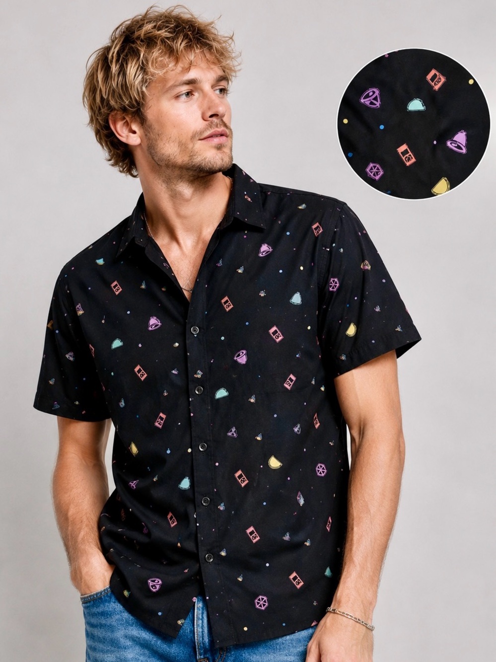 Taco Bell All-Over Print Button-Up Shirt Men’s Large Black Short Sleeve Streetwe